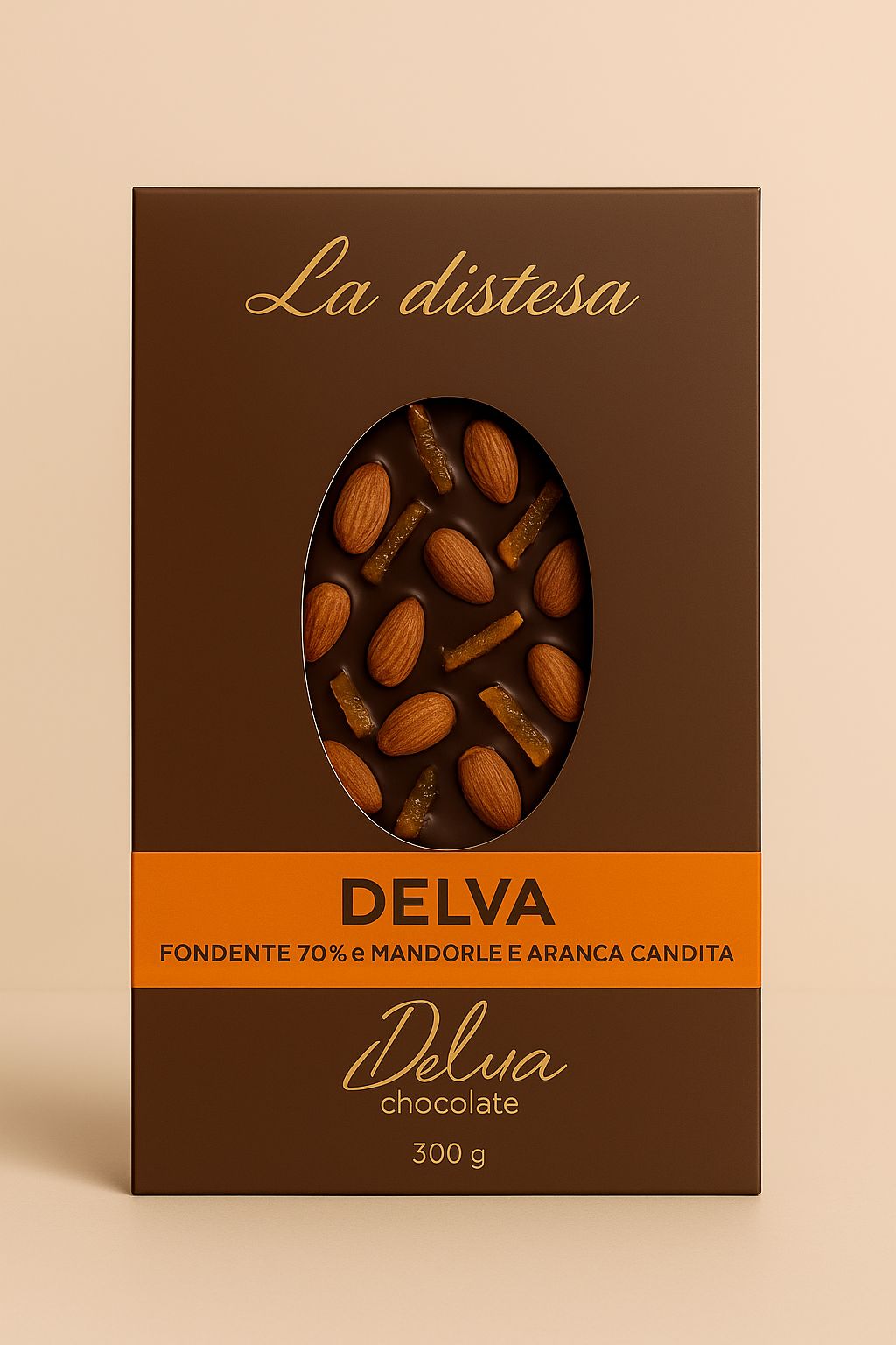 LA DISTESA- CIOCCOLATO FONDENTE 70% MANDORLE E ARANCIA CANDITA
