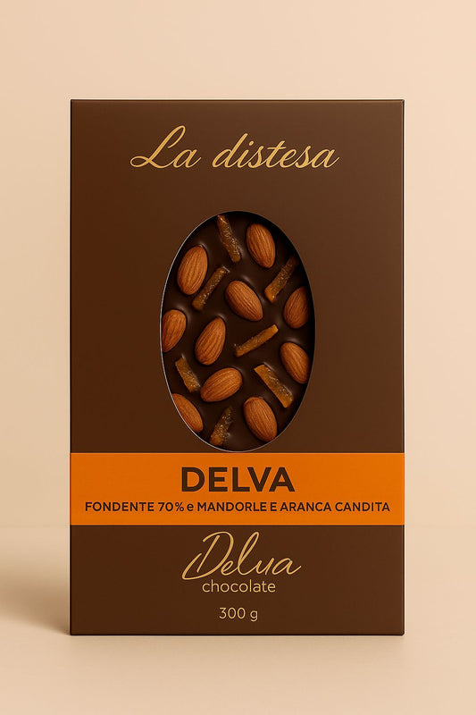 LA DISTESA- CIOCCOLATO FONDENTE 70% MANDORLE E ARANCIA CANDITA